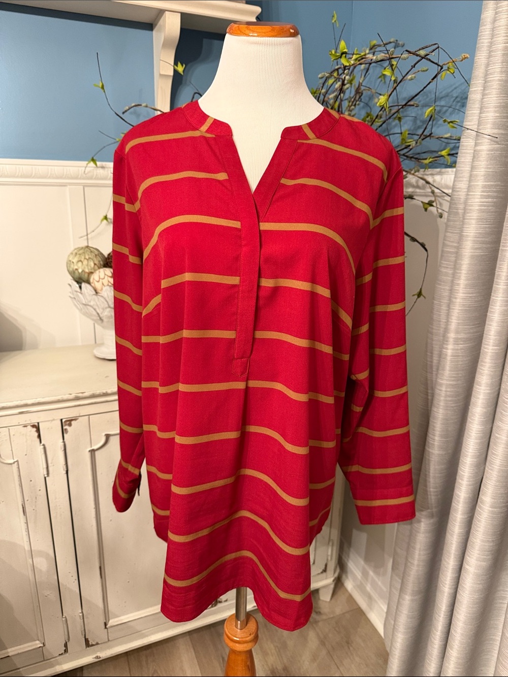 Talbots Red and Gold Striped Split-Neck Tunic